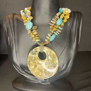Iridescent Shell Pendant Necklace with Blue and Gold Accents